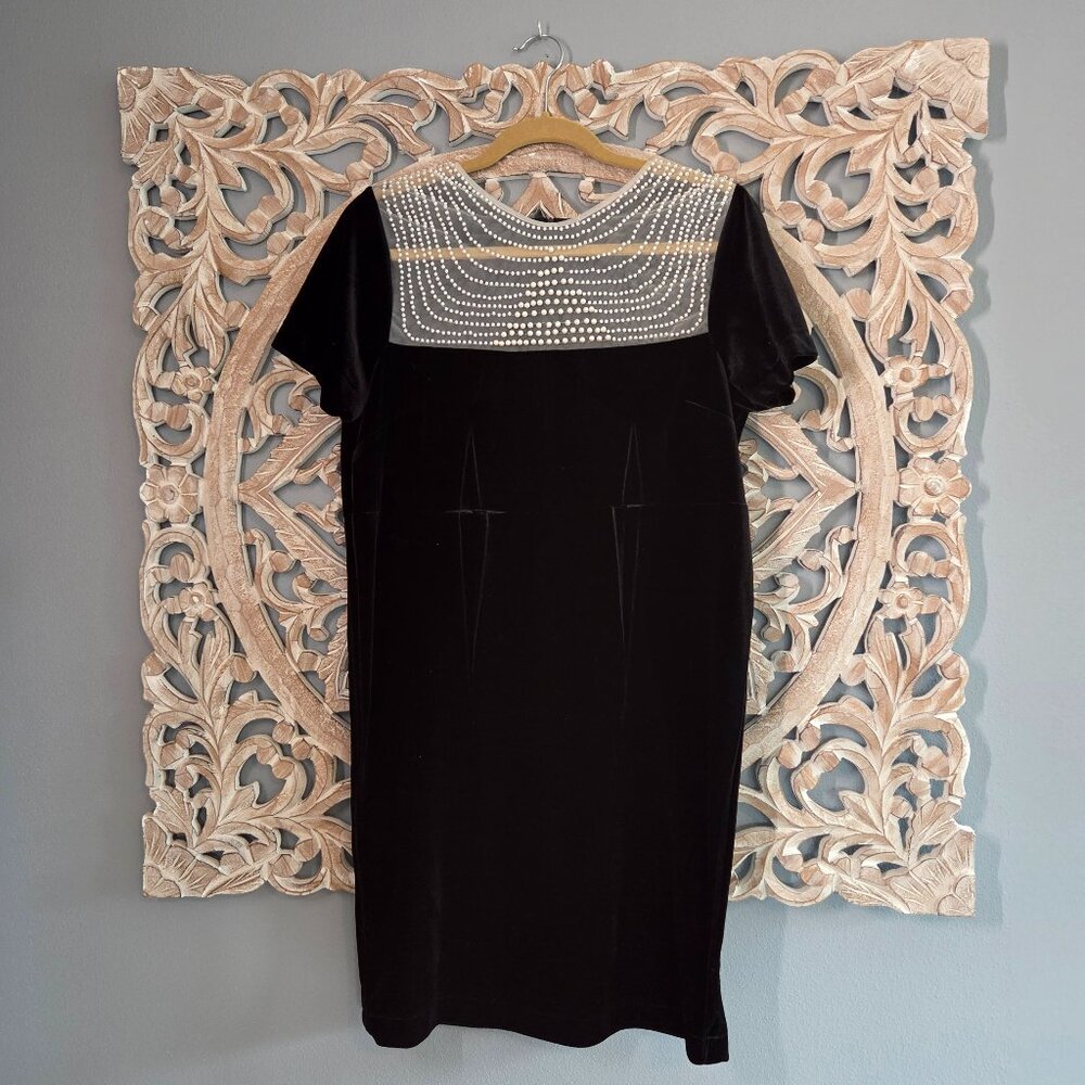 Vintage black velvet cocktail dress with sheer illusion neckline pearls small